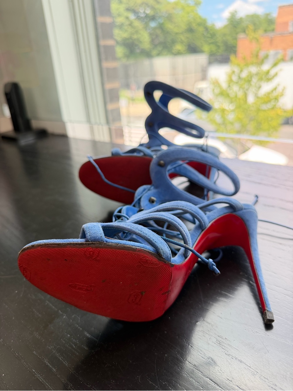 Christian Louboutin AMAZOULO Blue Suede Lace Up High-Heel Sandals 100MM, 38.5 ๐ - Picture 3 of 8